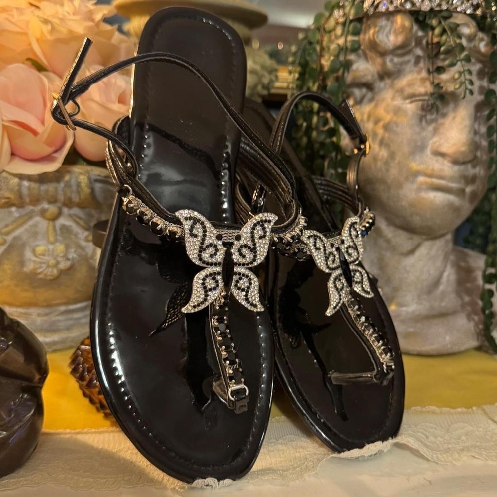 Y2K Black Butterfly Strappy Sandals Silver